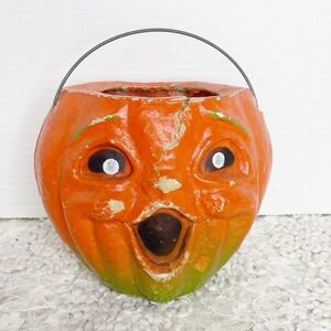 Vintage Halloween Pulp Paper Mache Jack O Lantern Pumpkin JOL Lantern READ